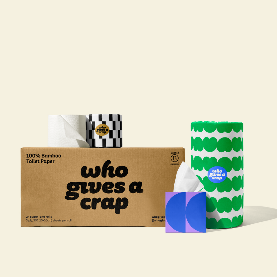 Bundle of Who Gives a Crap products with bamboo toilet paper, paper towel and tissues around a shipper box.