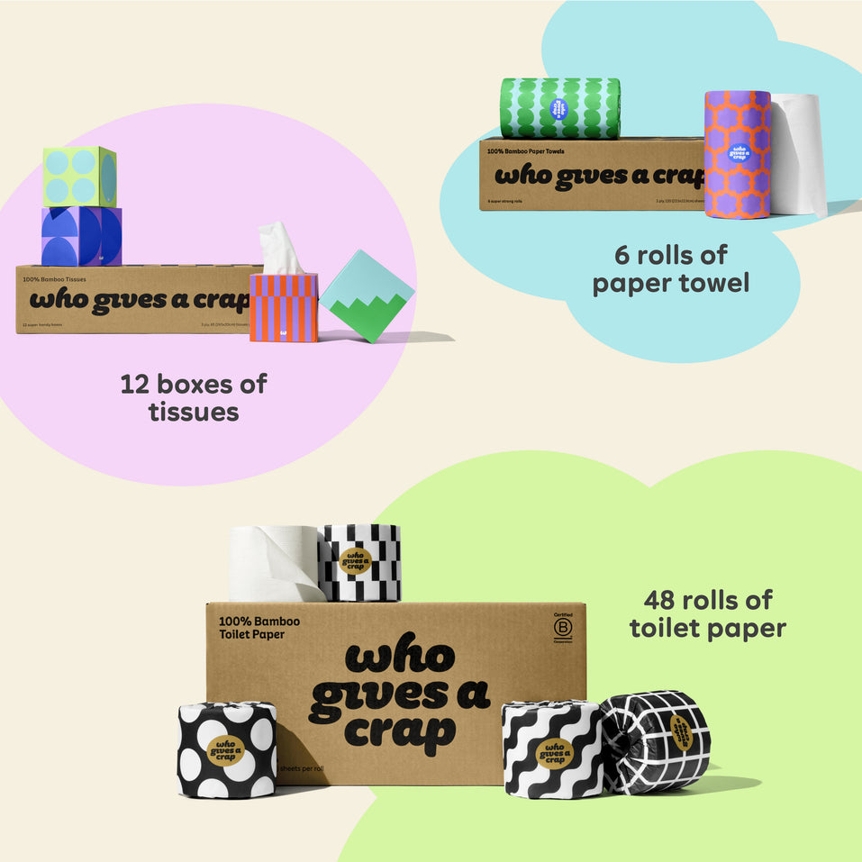 Visualisation of bundle inclusions calling out the bundle comes with 24 rolls of toilet paper, 6 rolls of paper towel and 12 boxes of tissues.