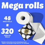 Graphic with blue background showing a toilet paper roll and black-and-white polka dot Who Gives A Crap packaging. Text reads: “48 Mega Rolls = 320 Regular Rolls.” Small text at the bottom says: “based on the sheet count of leading brands’ regular rolls (cough cough Blarmin, for example)”