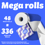 Graphic with blue background showing a toilet paper roll and purple wave Who Gives A Crap packaging. Text reads: “48 Mega Rolls = 336 Regular Rolls.” Small text at the bottom says: “based on the sheet count of leading brands’ regular rolls (cough cough Blarmin, for example)”