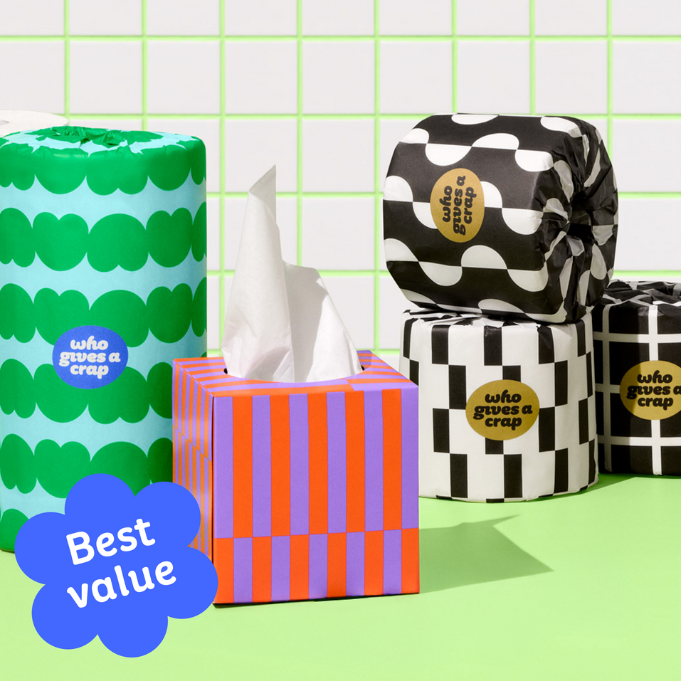 Bundle of Who Gives a Crap products with bamboo toilet paper, paper towel and tissues against green and white background. Caption in corner calls out that it is ‘Best value’.