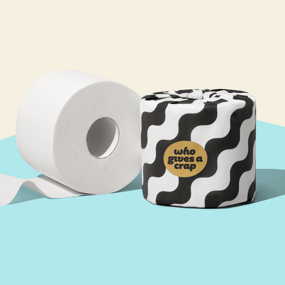 Two rolls of Who Gives a Crap bamboo toilet paper against a blue and beige background.