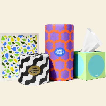 A bundle of Who Gives A Crap products made up of a eco-friendly toilet paper roll, a kitchen towel roll, a box of tissues and a Dream Cloth.