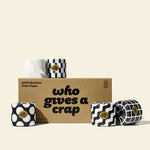 A medium box of Who Gives A Crap 100% Bamboo Toilet Paper with black and white wrappers - eco-friendly, biodegradable and sustainable toilet paper
