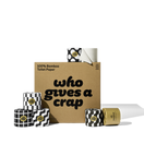 A large box of Who Gives A Crap 100% Bamboo Toilet Paper with black and white wrappers - eco-friendly, biodegradable and sustainable toilet paper.