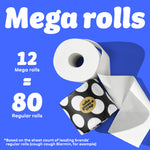 Graphic with blue background showing a toilet paper roll and black-and-white polka dot Who Gives A Crap packaging. Text reads: “12 Mega Rolls = 80 Regular Rolls.” Small text at the bottom says: “based on the sheet count of leading brands’ regular rolls (cough cough Blarmin, for example)”