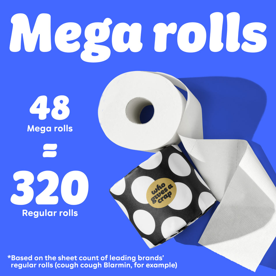 Graphic with blue background showing a toilet paper roll and black-and-white polka dot Who Gives A Crap packaging. Text reads: “48 Mega Rolls = 320 Regular Rolls.” Small text at the bottom says: “based on the sheet count of leading brands’ regular rolls (cough cough Blarmin, for example)”