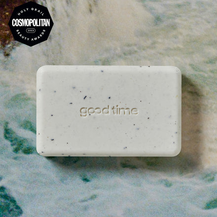 White Good Time exfoliating body bar with a “Cosmopolitan 2023 Holy Grail Beauty Award” badge
