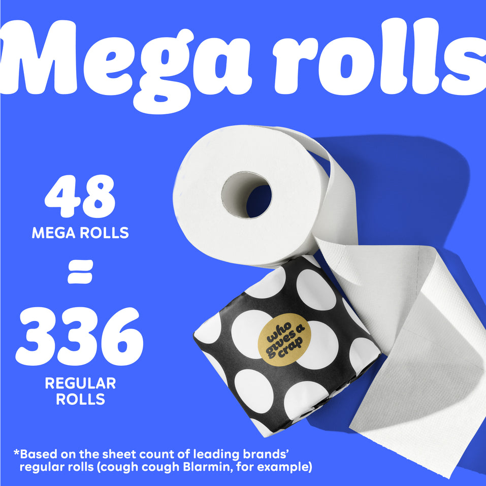 Graphic with blue background showing a toilet paper roll and black-and-white polka dot Who Gives A Crap packaging. Text reads: “48 Mega Rolls = 336 Regular Rolls.” Small text at the bottom says: “based on the sheet count of leading brands’ regular rolls (cough cough Blarmin, for example)”