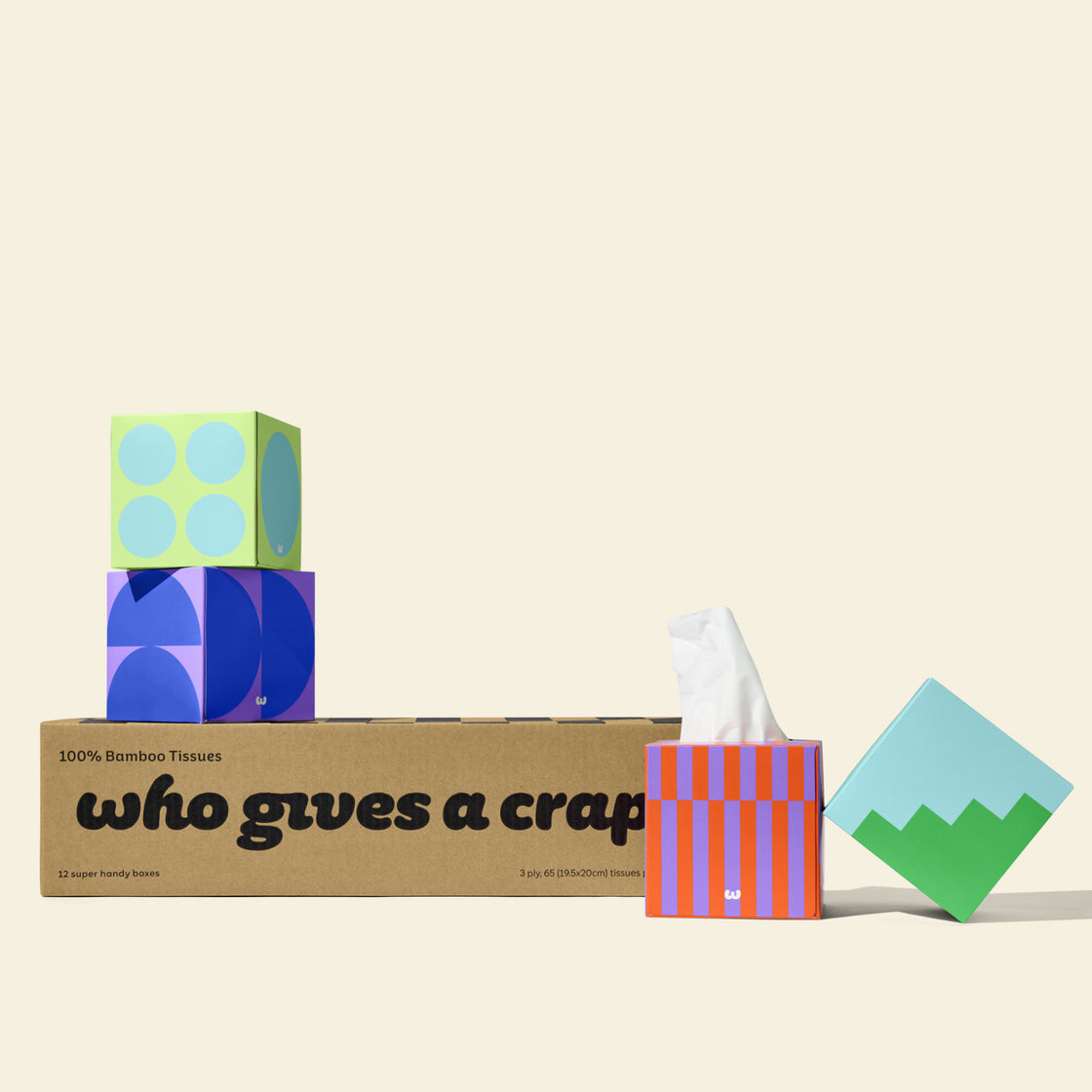 A box of Who Gives A Crap 100% Bamboo tissues with colorful tissues boxes - eco-friendly and sustainable