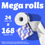 Graphic with blue background showing a toilet paper roll and purple wave Who Gives A Crap packaging. Text reads: “24 Mega Rolls = 168 Regular Rolls.” Small text at the bottom says: “based on the sheet count of leading brands’ regular rolls (cough cough Blarmin, for example)”