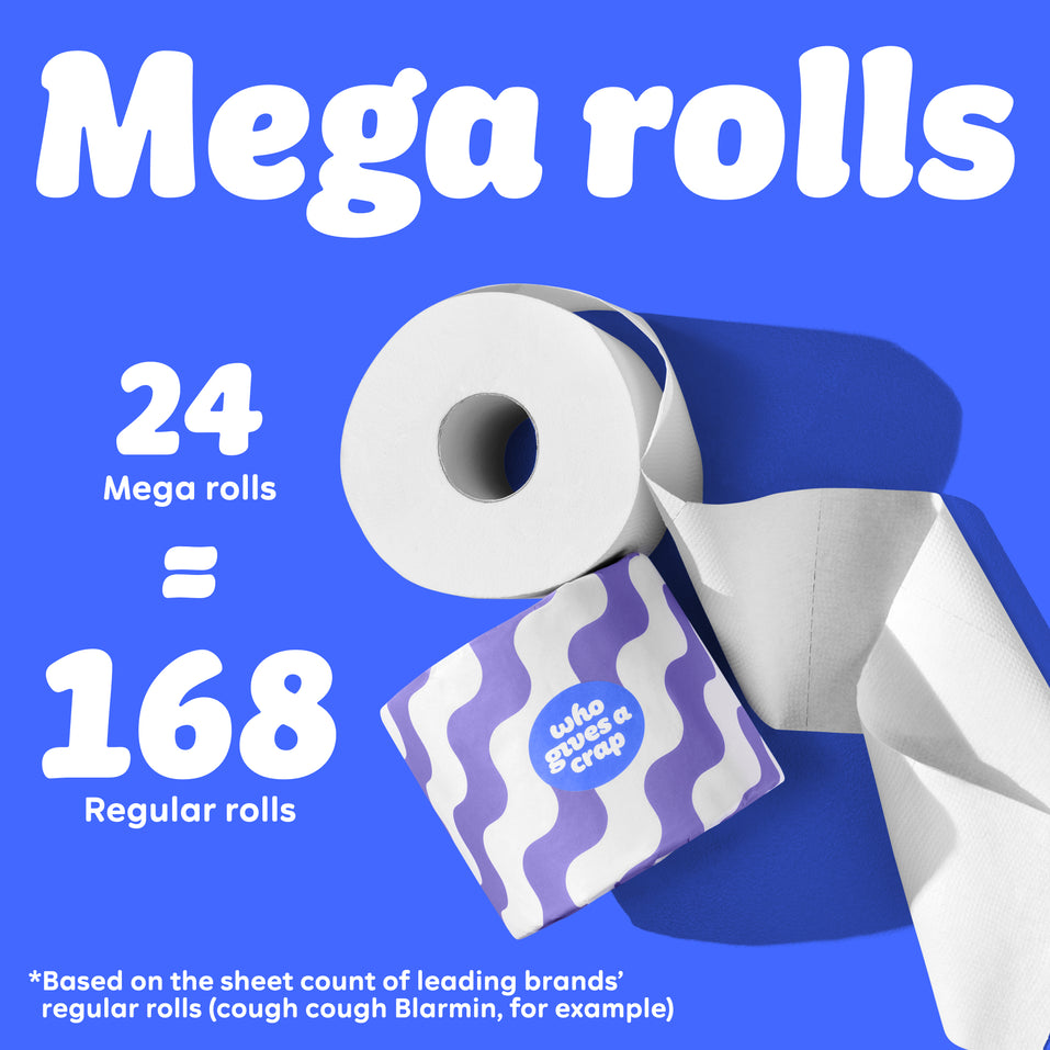 Graphic with blue background showing a toilet paper roll and purple wave Who Gives A Crap packaging. Text reads: “24 Mega Rolls = 168 Regular Rolls.” Small text at the bottom says: “based on the sheet count of leading brands’ regular rolls (cough cough Blarmin, for example)”