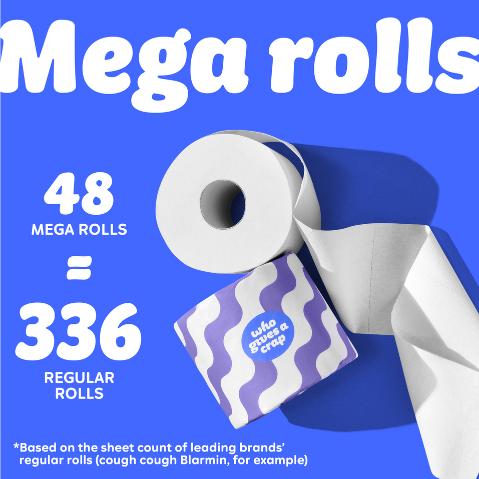 Graphic with blue background showing a toilet paper roll and purple wave Who Gives A Crap packaging. Text reads: “48 Mega Rolls = 336 Regular Rolls.” Small text at the bottom says: “based on the sheet count of leading brands’ regular rolls (cough cough Blarmin, for example)”