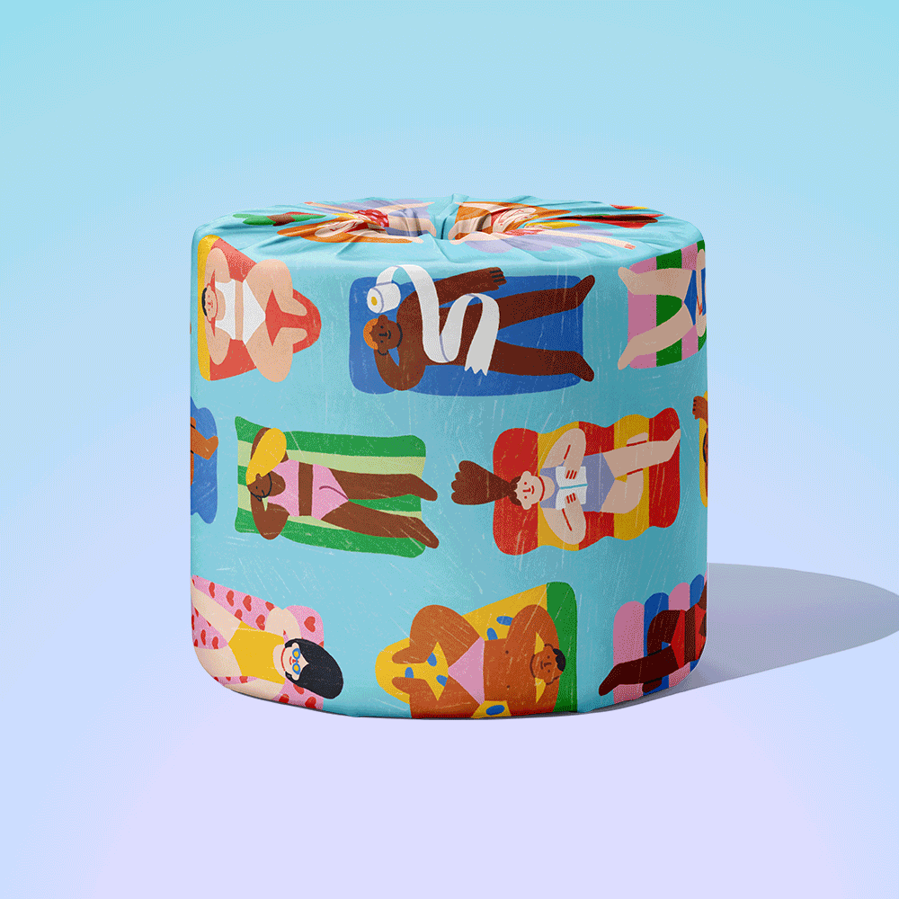 An animated view of a single Who Gives A Crap Splash Edition bamboo toilet roll, rotating to show the different illustrated wrappers featuring people relaxing on pool floaties, merpeople, waterfalls and fishies.