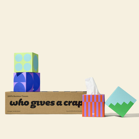 A box of Who Gives A Crap 100% Bamboo tissues with colorful tissues boxes - eco-friendly and sustainable  
