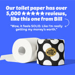 An unrolled roll of toilet paper next to a wrapped roll of toilet paper. Text on image reads “Our toilet paper has over 5,000 reviews like this one from Bill “Wow, it feels SOLID. Like I’m really getting my money’s worth.”