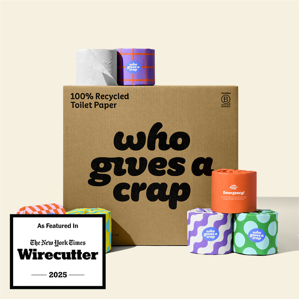 A large box of Who Gives A Crap 100% Recycled Toilet Paper with colorful wrappers - eco-friendly, biodegradable and sustainable toilet paper. Displays a badge stating 