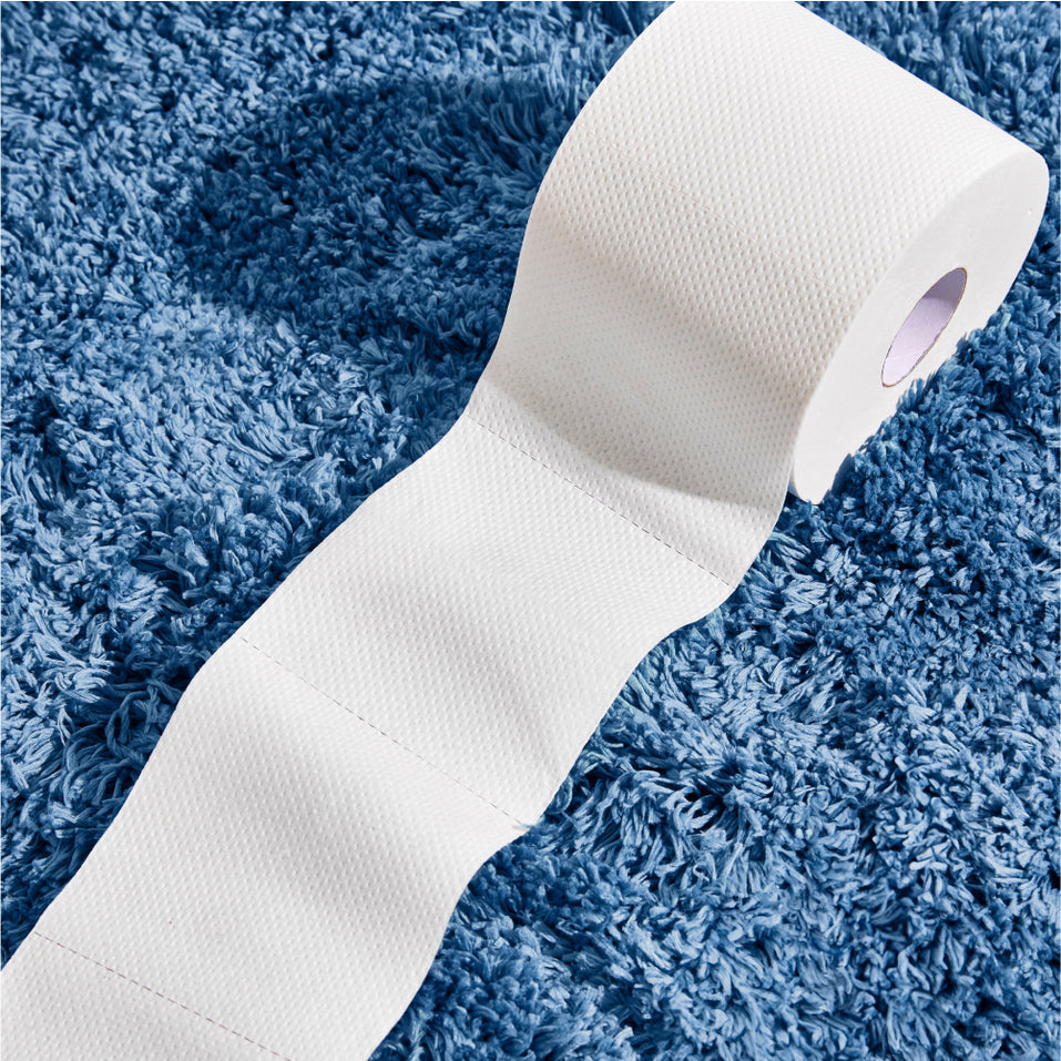 Soft and scrunchable toilet paper roll unravelling on fluffy blue bath mat