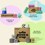 Visualisation of bundle inclusions calling out the bundle comes with 48 rolls of toilet paper, 12 rolls of paper towel and 12 boxes of tissues.