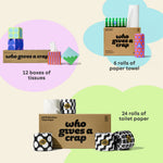 Visualisation of bundle inclusions calling out the bundle comes with 24 rolls of toilet paper, 6 rolls of paper towel and 12 boxes of tissues.