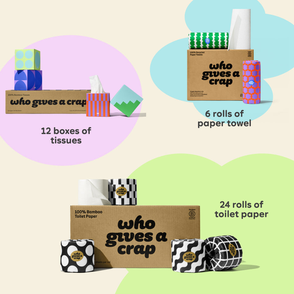 Visualisation of bundle inclusions calling out the bundle comes with 24 rolls of toilet paper, 6 rolls of paper towel and 12 boxes of tissues.