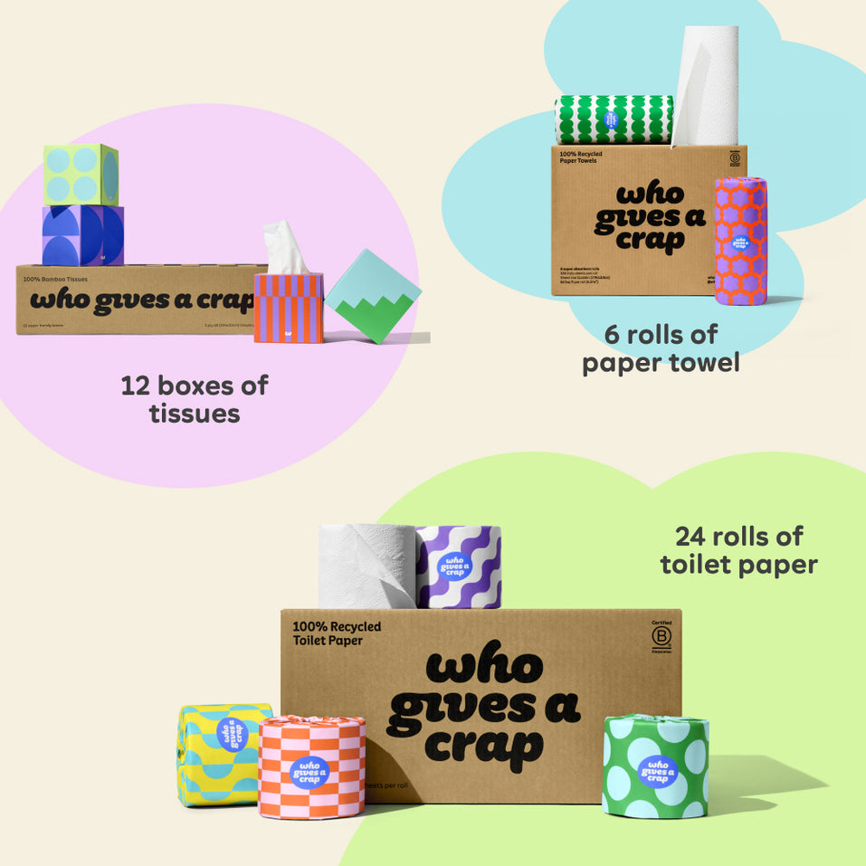 Visualisation of bundle inclusions calling out the bundle comes with 24 rolls of toilet paper, 6 rolls of paper towel and 12 boxes of tissues.