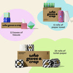 Visualisation of bundle inclusions calling out the bundle comes with 24 rolls of toilet paper, 6 rolls of paper towel and 12 boxes of tissues. 