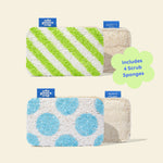 Two pairs of Who Gives A Crap scrub sponges showing both designs — green stripe and blue polka dot — each paired with the natural loofah scrubbing side, with a callout noting the pack includes 4 scrub sponges