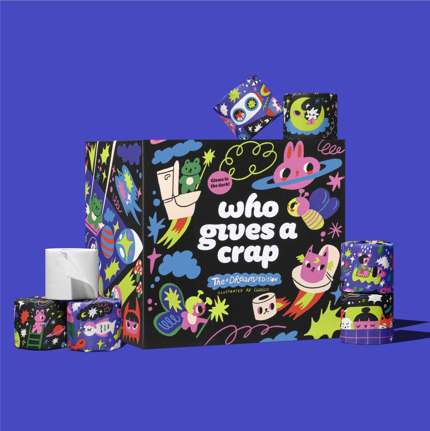 The Dream Limited Edition, a box of 48 eco-friendly toilet paper rolls with colorfully illustrated wrappers