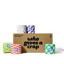 A medium box of Who Gives A Crap Recycled Toilet Paper with colorful wrappers - eco-friendly, biodegradable and sustainable toilet paper