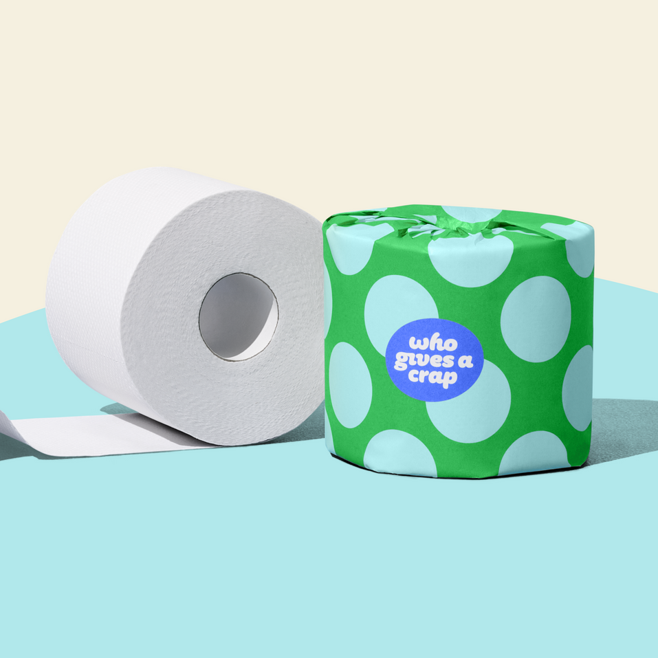 Two rolls of Who Gives a Crap recycled toilet paper against a blue and beige background.