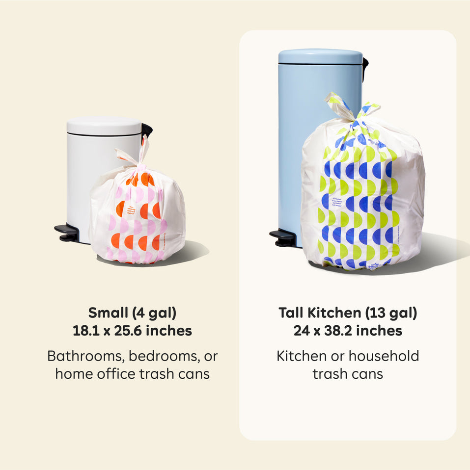 Visualisation of the two trash bag sizes available. Small (4 gal) is 18.1 x 25.6 inches and perfect for bathrooms, bedrooms or home office trash cans. Highlighted large (13 gal) is 24 x 38.2 inches and is best for kitchen or household trash cans.